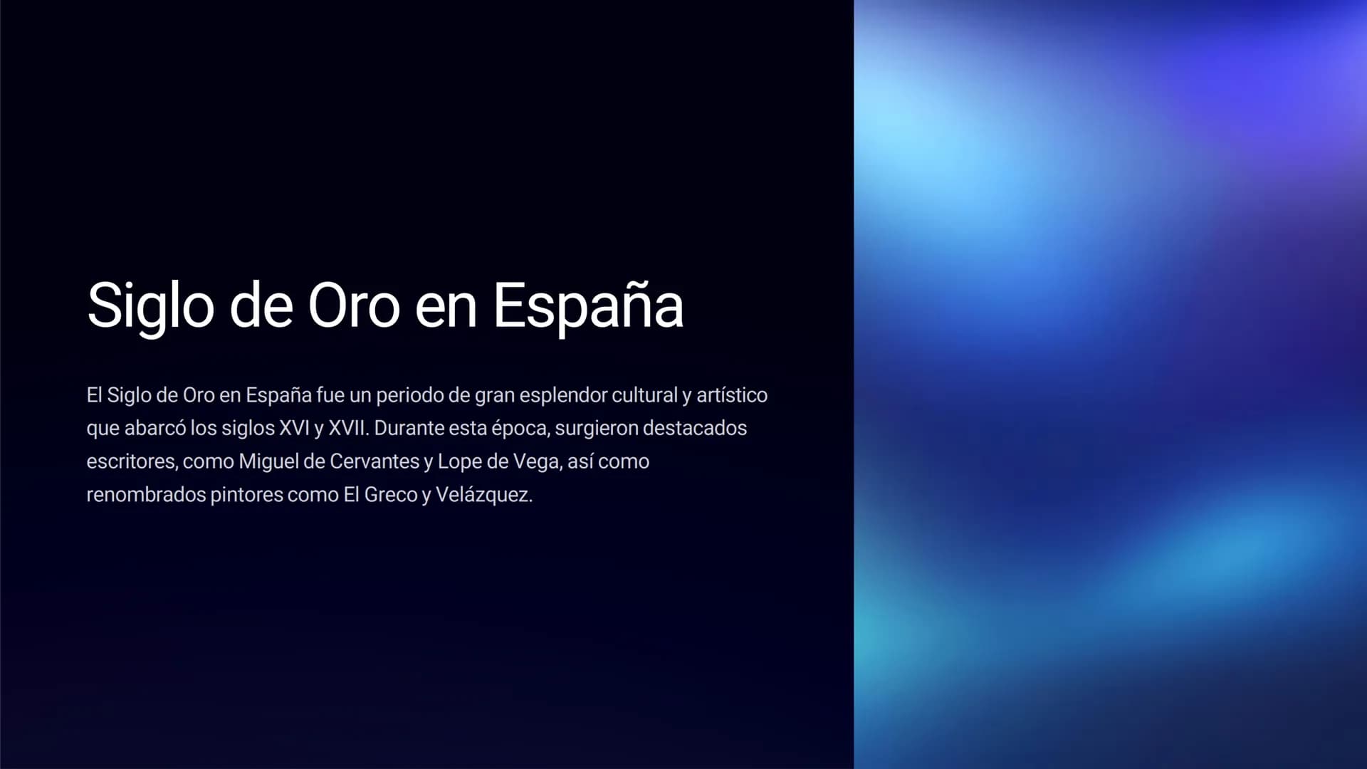 Siglo de Oro en España
El Siglo de Oro en España fue un periodo de gran esplendor cultural y artístico
que abarcó los siglos XVI y XVII. Dur