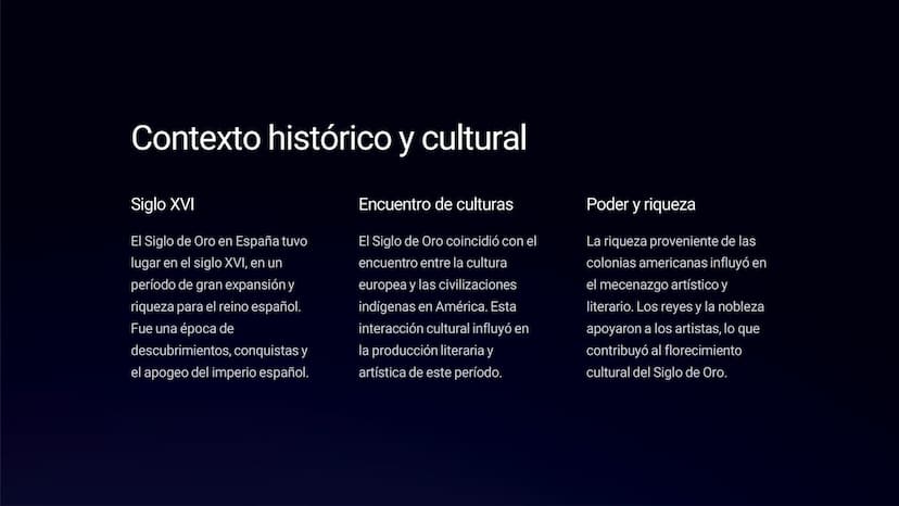 Siglo de Oro en España
El Siglo de Oro en España fue un periodo de gran esplendor cultural y artístico
que abarcó los siglos XVI y XVII. Dur