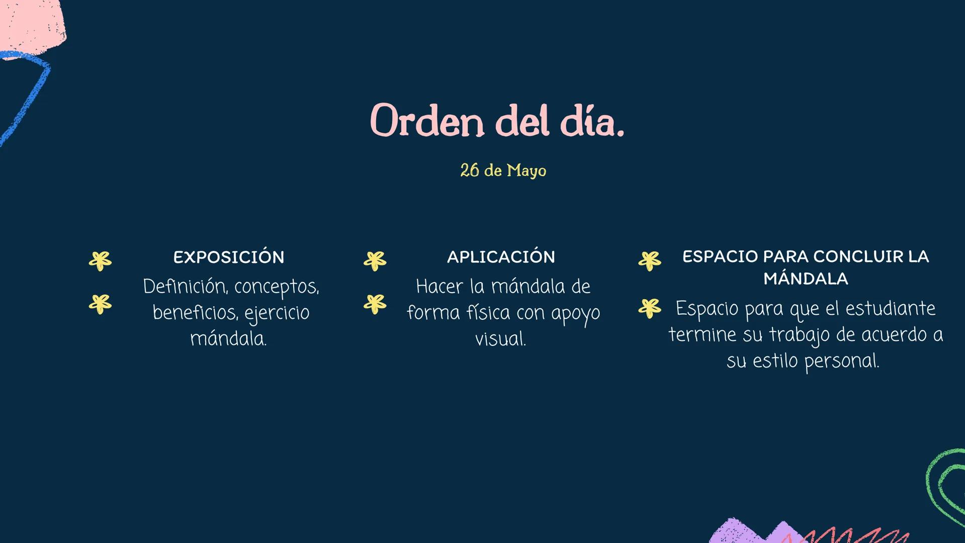 MÁNDALA
Día de la matemática.
SARA FERNANDA URREGO QUIROGA Orden del día.
26 de Mayo
EXPOSICIÓN
Definición, conceptos.
beneficios, ejercicio