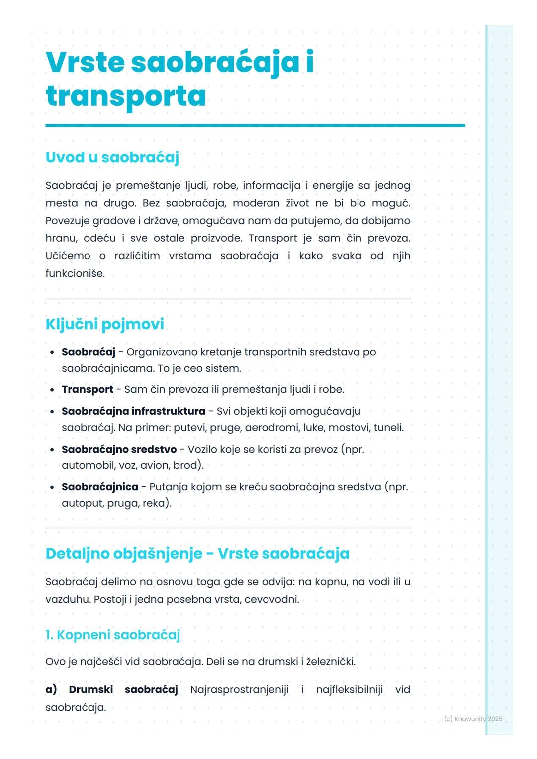 # Vrste saobraćaja i
transporta

Uvod u saobraćaj

Saobraćaj je premeštanje ljudi, robe, informacija i energije sa jednog
mesta na drugo. Be