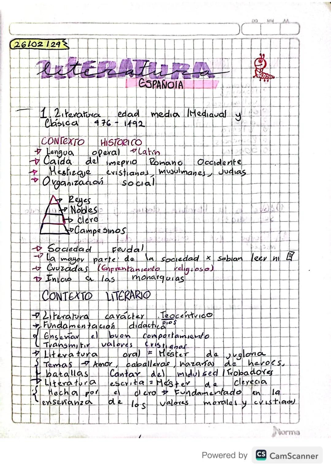 # 26102129

# literatura

ESPAÑOLA

- 1.Literatura edad media Mediaval y
Clásica 476-1492

## CONTEXTO HISTORICO

- Lengua operal Latin
- Ca