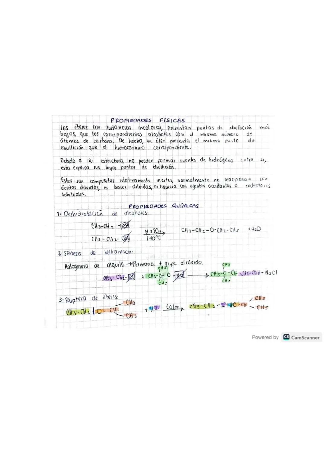 PROPIEDADES FÍSICAS
los éteres son sustancias incolor os, presentan puntos de cholhción mái
bajos, que los correspondientes alcoholes con el