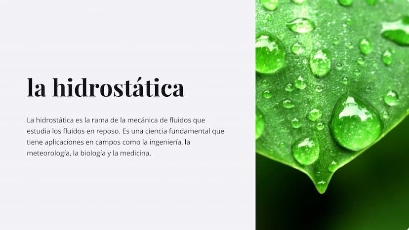 la hidrostática
La hidrostática es la rama de la mecánica de fluidos que
estudia los fluidos en reposo. Es una ciencia fundamental que
tiene