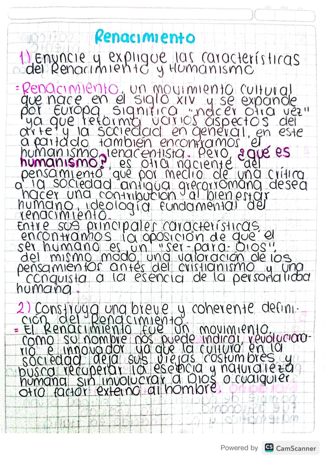 ## Renacimiento

1) Enuncie y explique las características
del Renacimiento y Humanismc

Renacimiento, un movimiento cultural
que nace en el