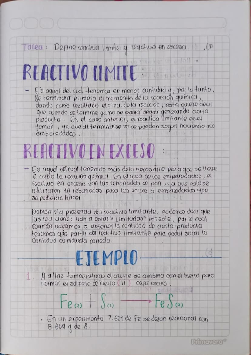 -
Talea: Define reactivo limite a reactive in excess.
REACTIVO LIMITE
-
Es aquel del cual tenemos en menor cantidad
.
(P
y, por lo tanto,
Se