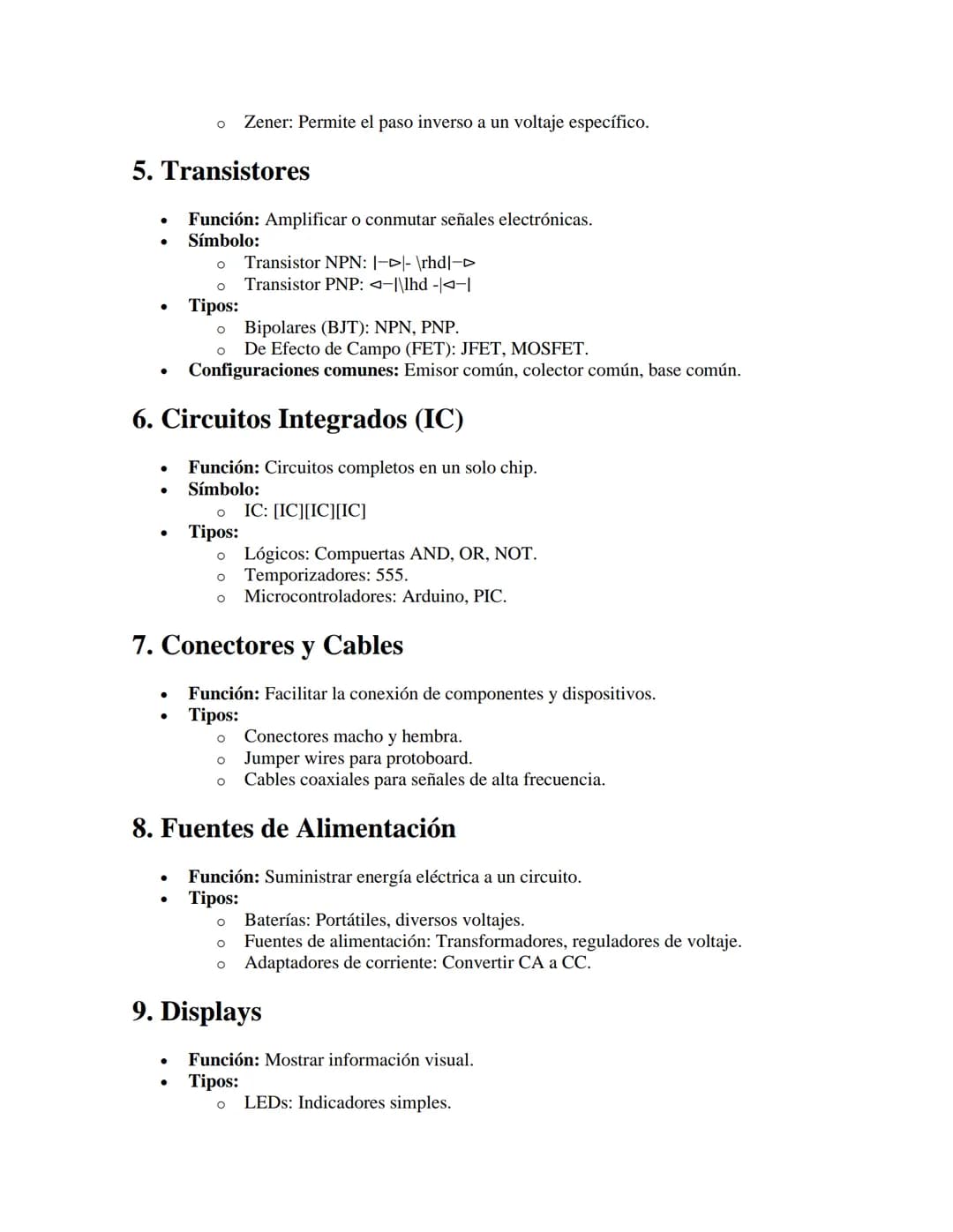 Componentes Electrónicos y su
Funcionamiento
APUNTES//
1. Resistores
•
•
Función: Limitar el flujo de corriente en un circuito.
Unidad: Ohmi