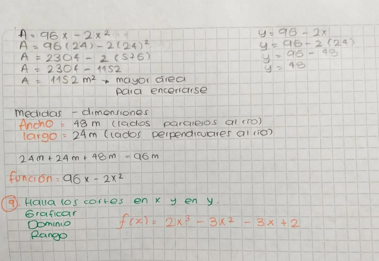 A = 96 x - 2x2小
X
A = 96(24)-2(24)²
A = 2304-2 (576)
A = 2304 - 1152
A = 1152 m² mayor area
Para encerrarse
Medidas - dimensiones
Ancho 48 m