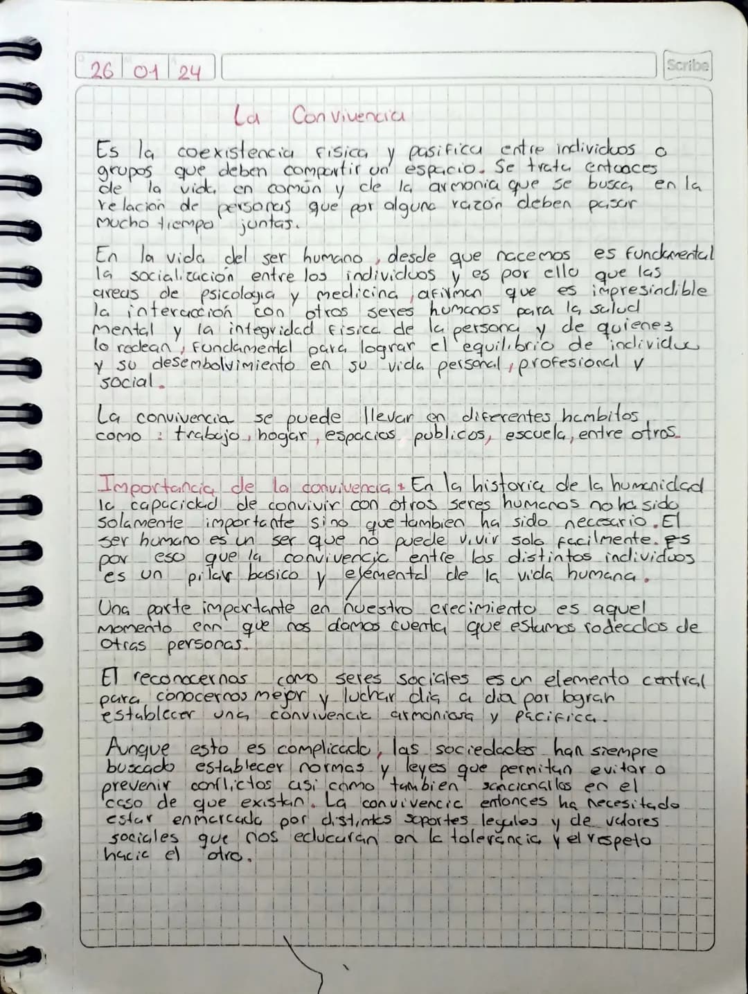 26/01/24
Scribe
La Convivencia
Es la coexistencia Fisica y pasifica entre individuos c
grupos que deben compartir un espacio. Se trata entoa