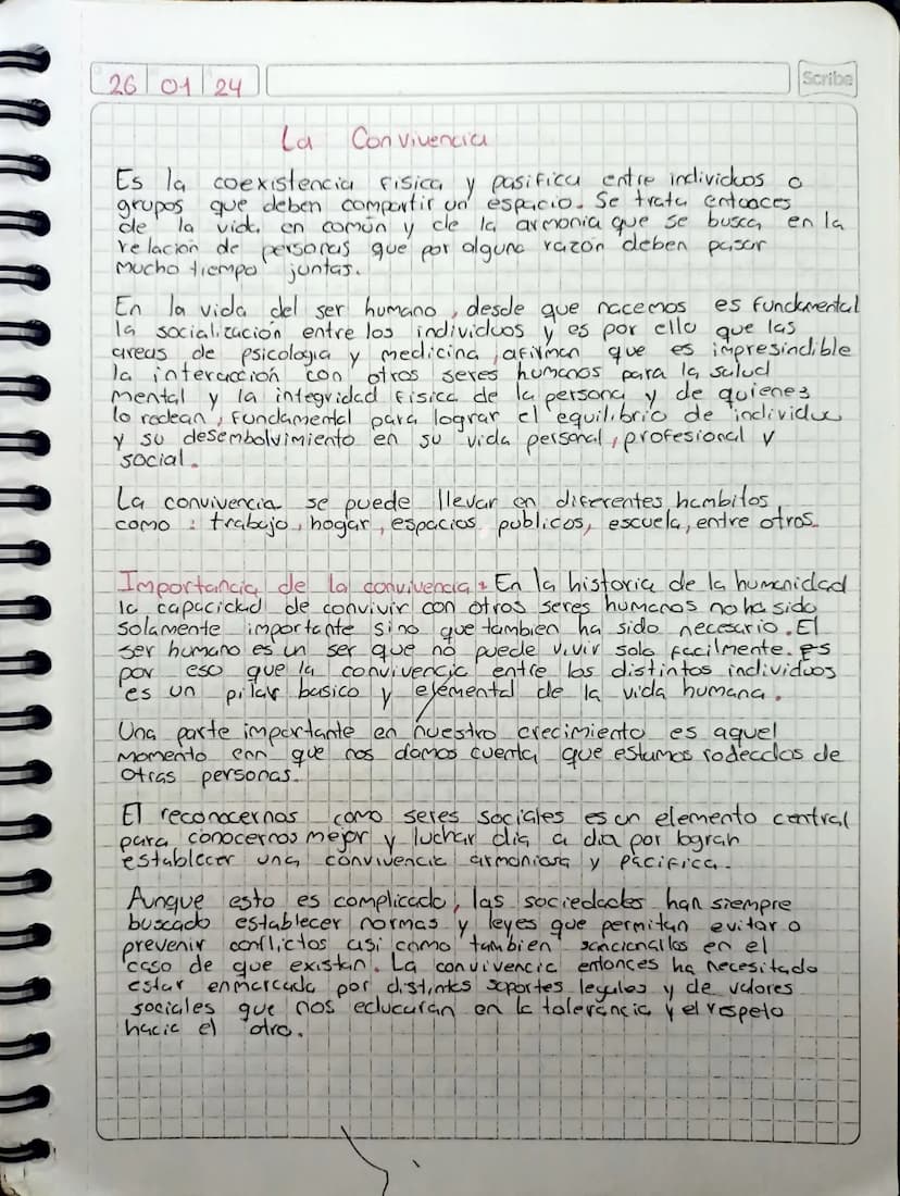 26/01/24
Scribe
La Convivencia
Es la coexistencia Fisica y pasifica entre individuos c
grupos que deben compartir un espacio. Se trata entoa