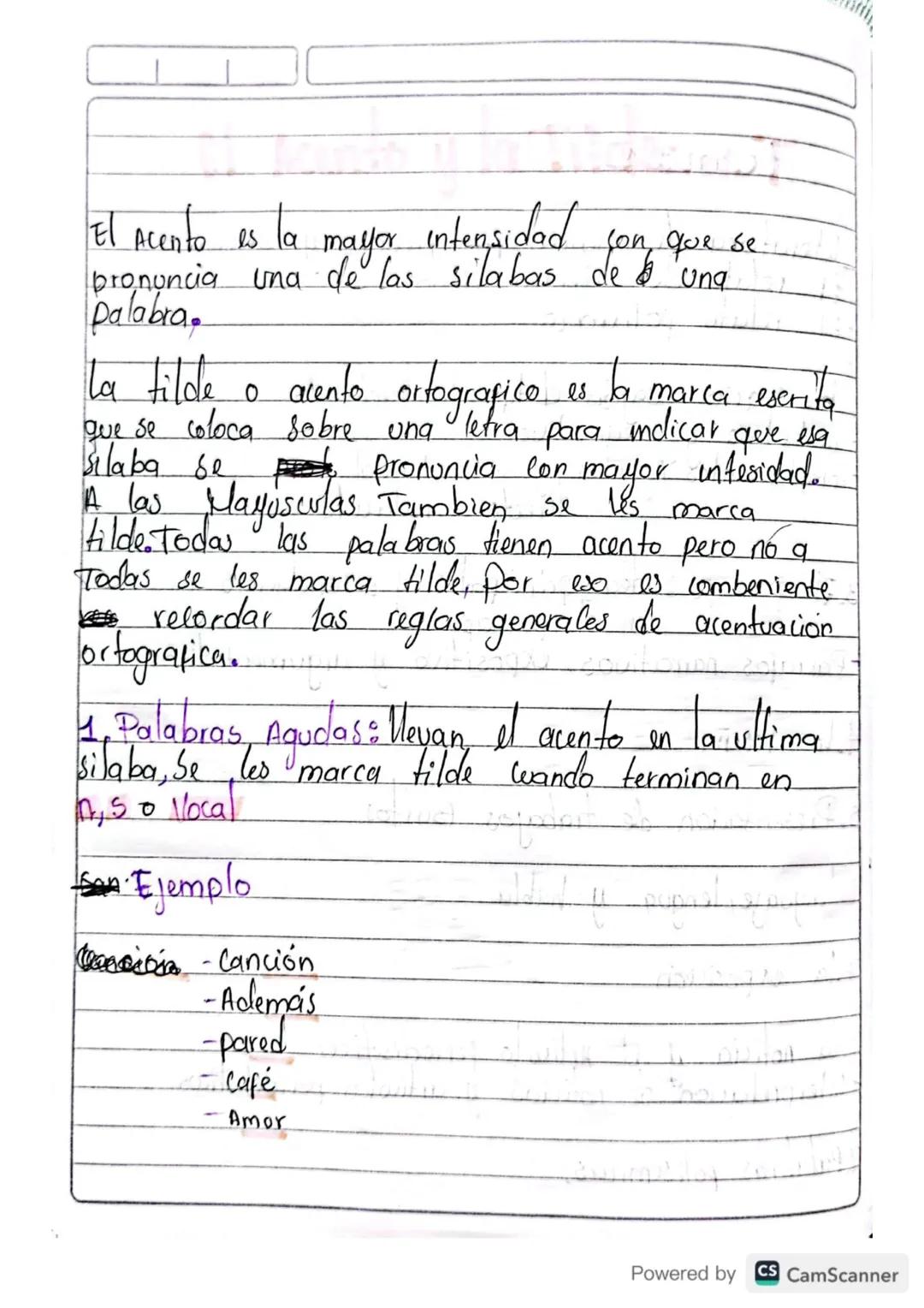 El Acento es la
es la mayor
intensidad
pronuncia una de las silabas fon que se
Palabra,
Ung
la tilde
。 acento ortografico.
Ja marca eserita

