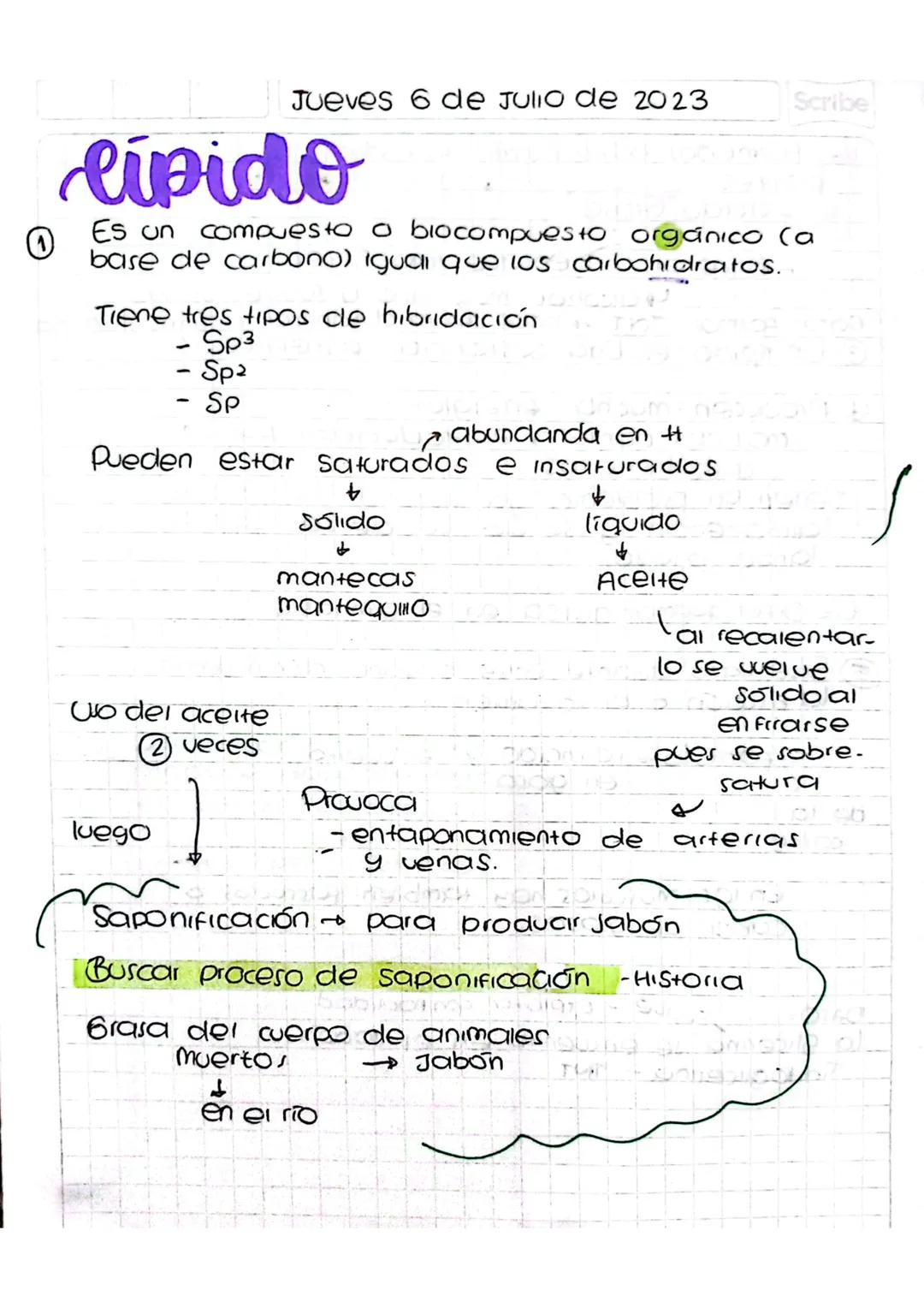 Jueves 6 de Julio de 2023
Scribe
# lipido
① Es un compuesto a biocompuesto orgánico (a
base de carbono) igual que los carbohidratos.

Tiene 