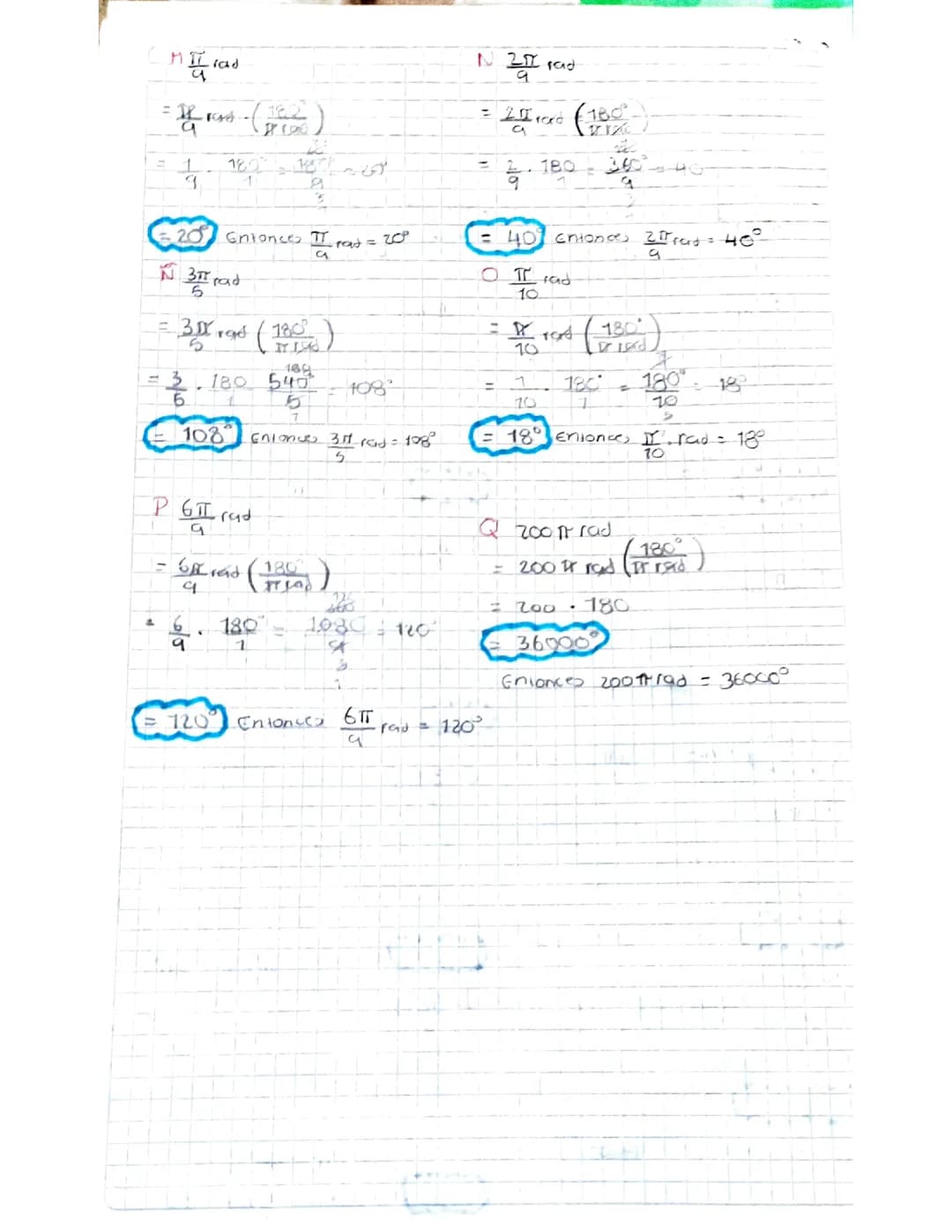 Conversión de π radianes a grados