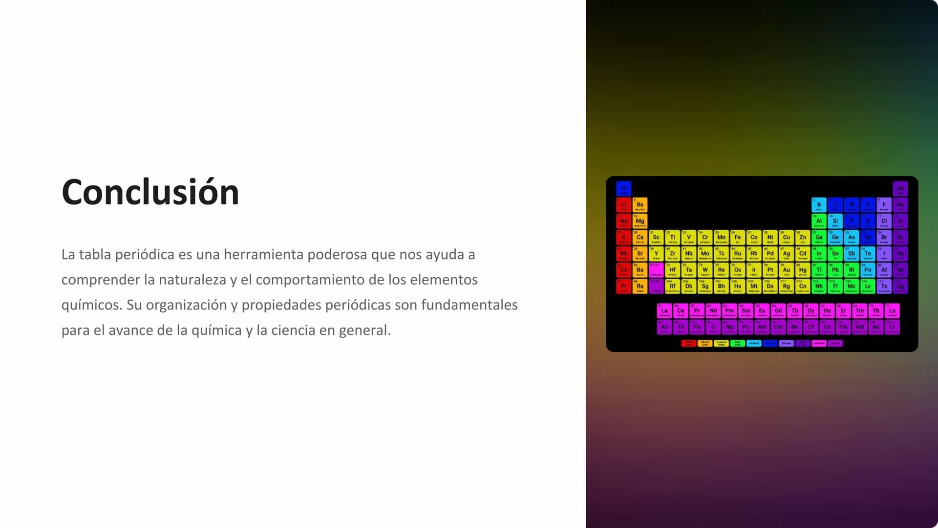 la tabla periódica
La tabla periódica es una representación organizada de los elementos
químicos, ordenados por sus propiedades atómicas. Es