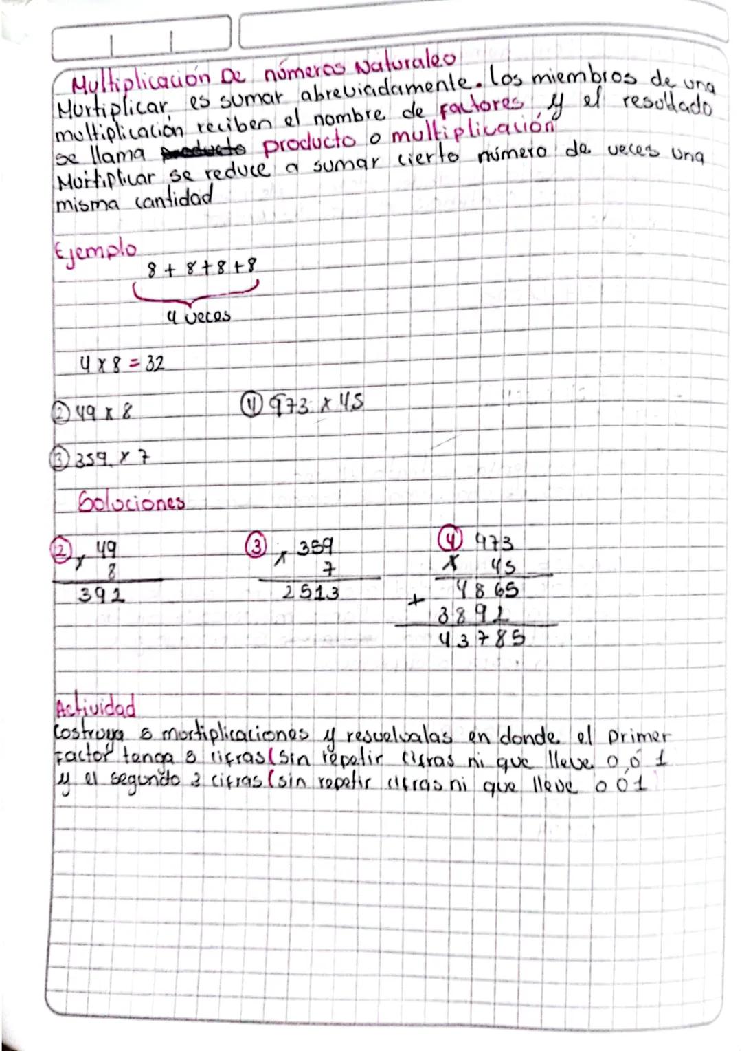 Multiplicación De números Naturales
una
multiplicación reciben el nombre de factores y el resultado
se llama producto producto o multiplicat
