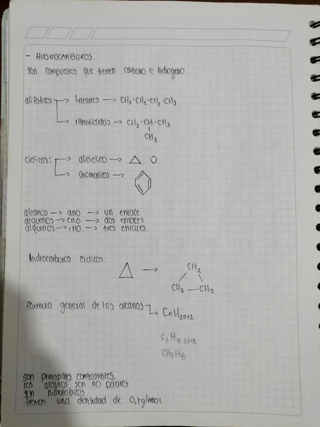 - HIDROCARBUROS.
son compuestos que tienen carbono e hidrogeno.

alifaticos lineanes→ CH3-CH2-CH2-CH3

ramificados CH3-CH-CH3

CH3

Cielicos