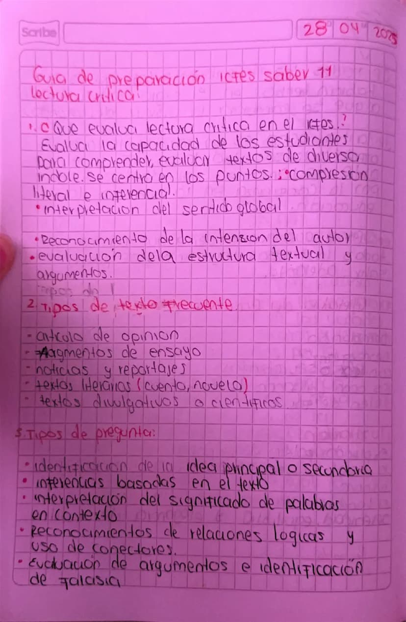 Scribe
2804 2025
Guia de preparación ictes saber 11
lectura critica
• Que evalua lectura critica en el tes.?
Evalua la capacidad de los estu