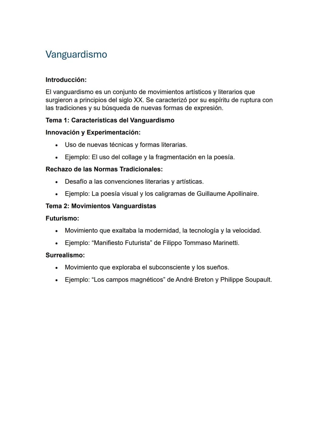Vanguardismo
Introducción:
El vanguardismo es un conjunto de movimientos artísticos y literarios que
surgieron a principios del siglo XX. Se