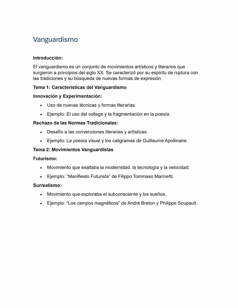 Vanguardismo
Introducción:
El vanguardismo es un conjunto de movimientos artísticos y literarios que
surgieron a principios del siglo XX. Se
