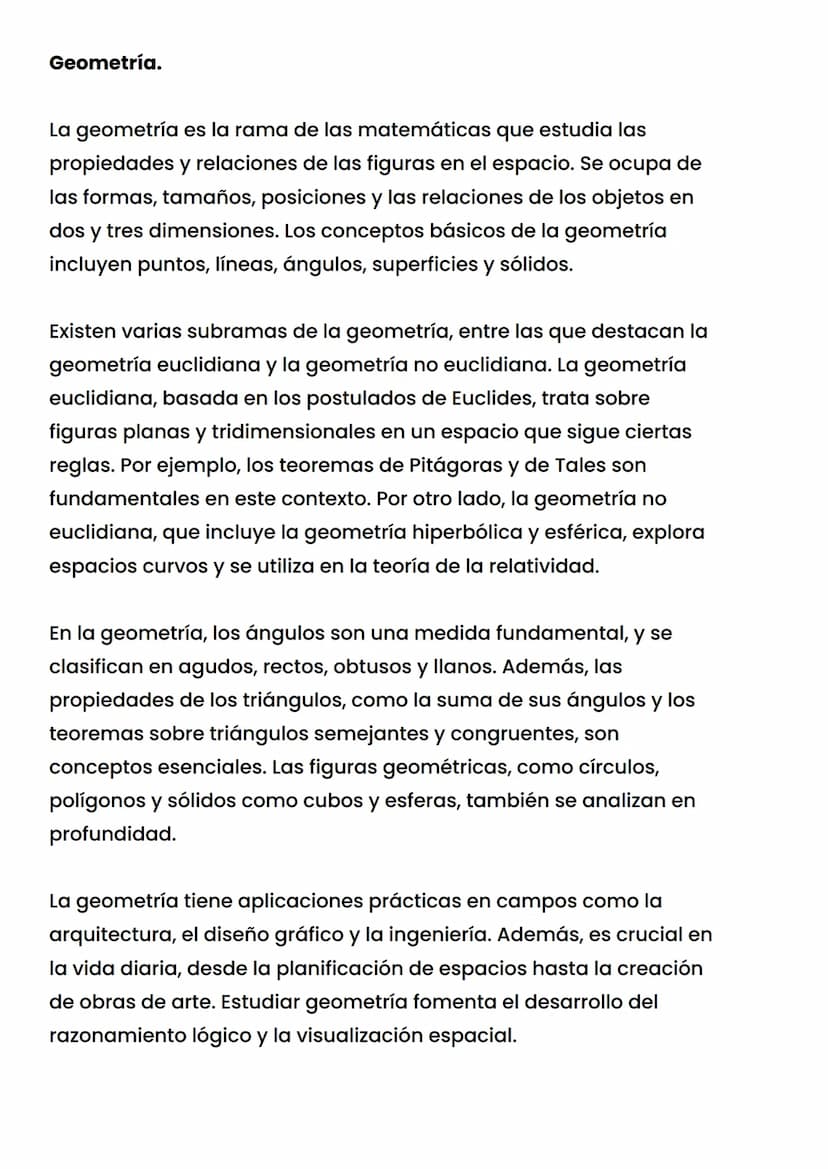 Geometría.
La geometría es la rama de las matemáticas que estudia las
propiedades y relaciones de las figuras en el espacio. Se ocupa de
las