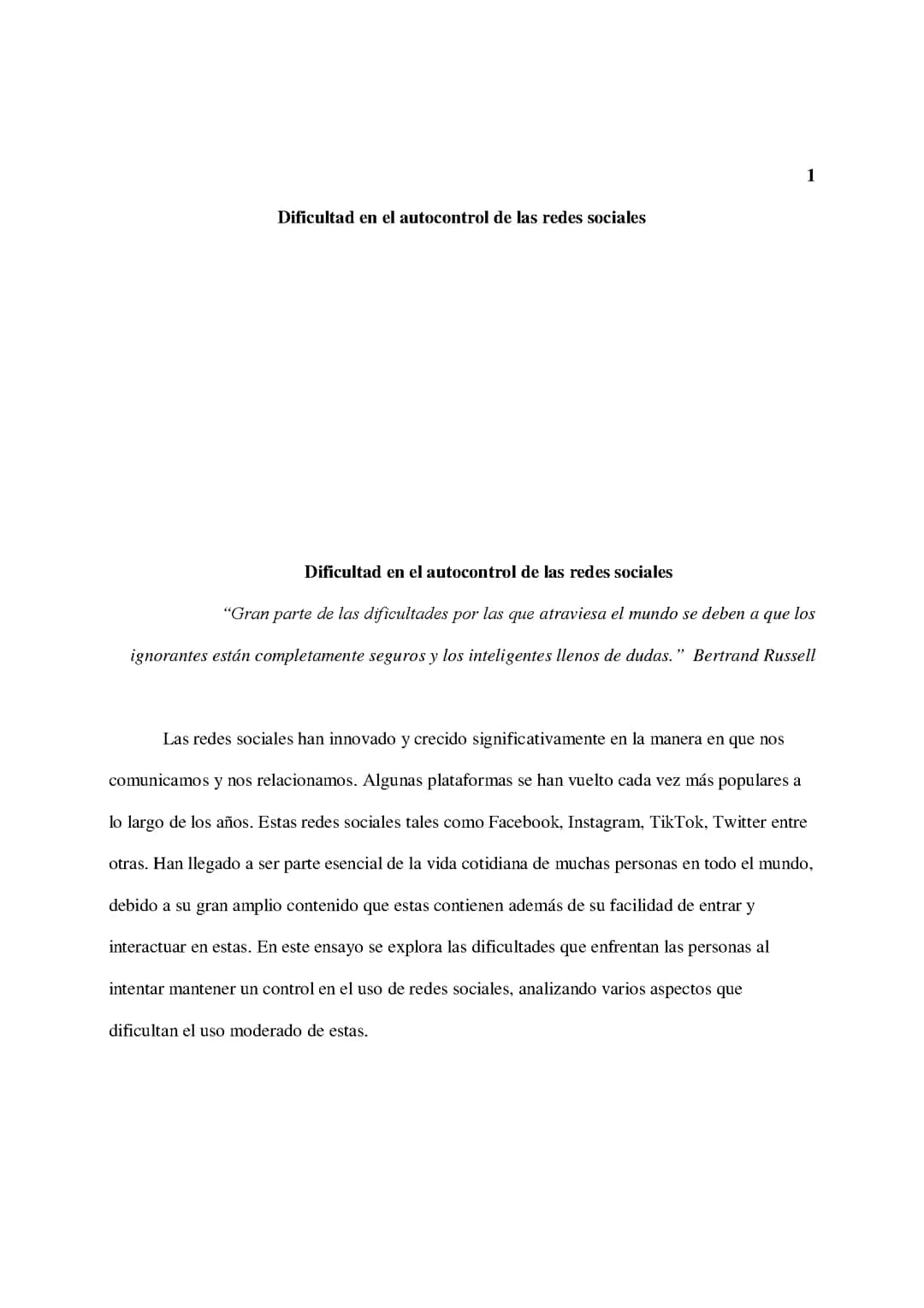 Ensayo sobre Dificultad en el Autocontrol de las Redes Sociales