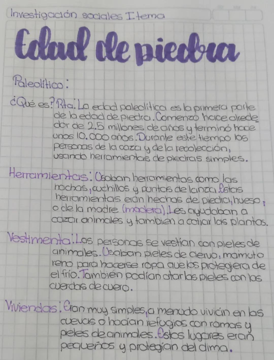 Investigación sociales Itema
Cdad de piedra
Paleolítico:
¿Qué es? Rta. La edad paleolítica es la primera parte
de la edad de piedra. Comenzó