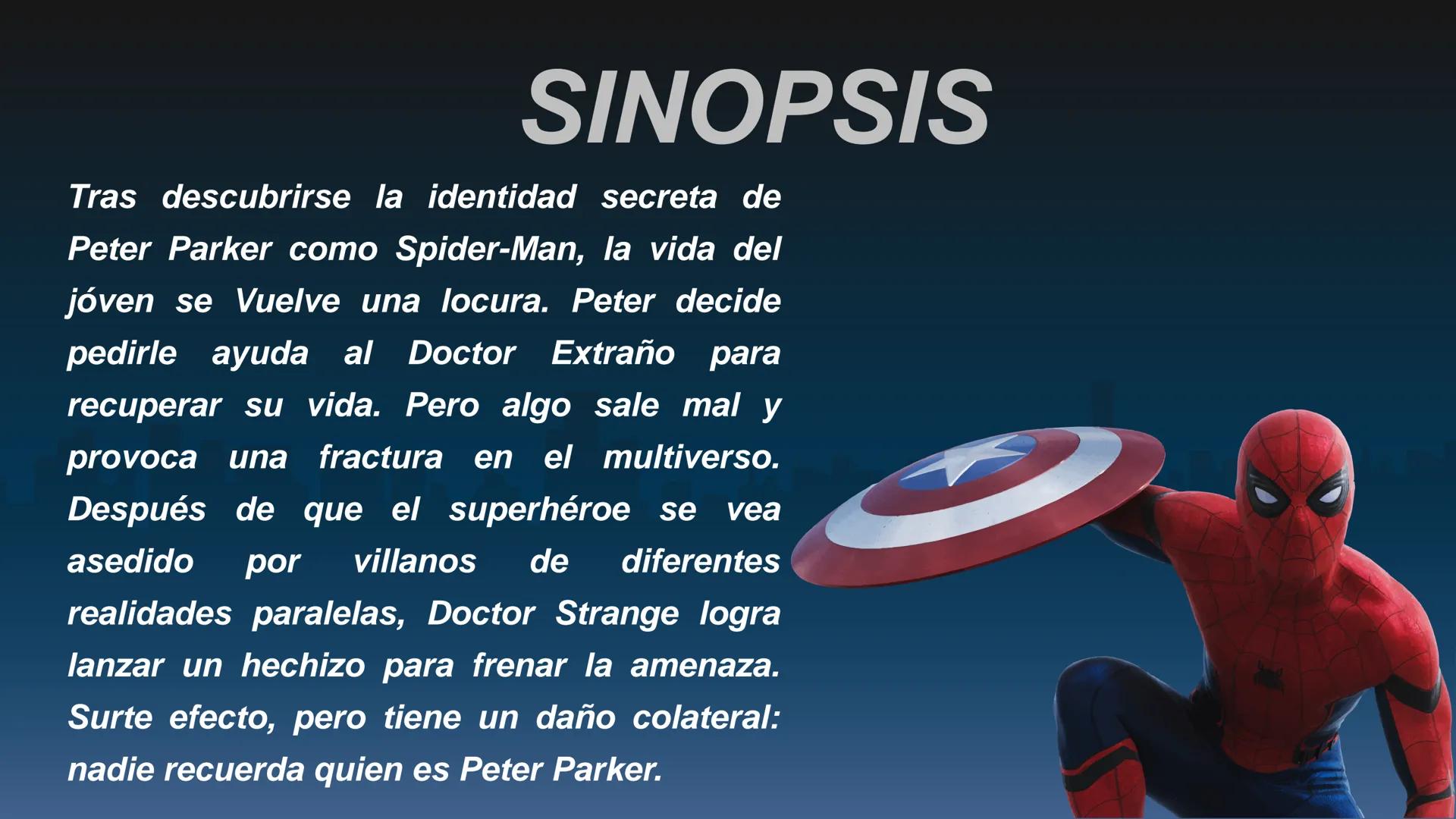 SPIDER-MAN
NO WAY HOME
ANGELI SARITH DURÁN
JAIMES
8-03 SINOPSIS
Tras descubrirse la identidad secreta de
Peter Parker como Spider-Man, la vi