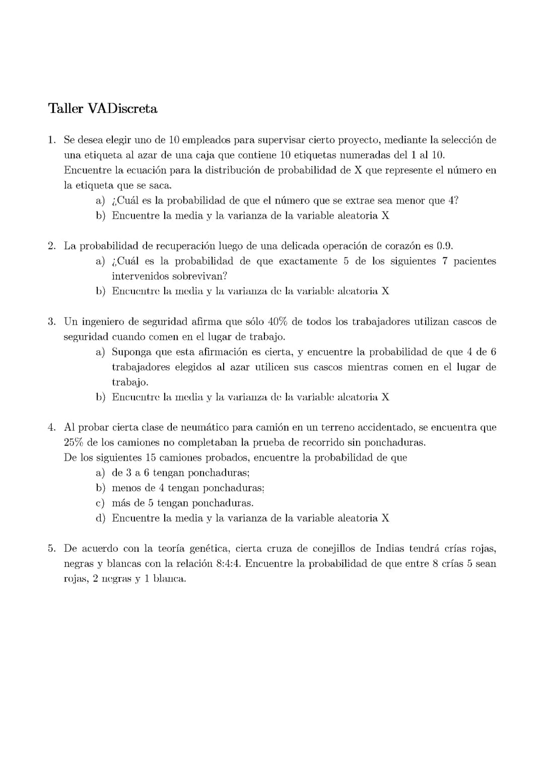 Taller Variable aleatoria discreta 