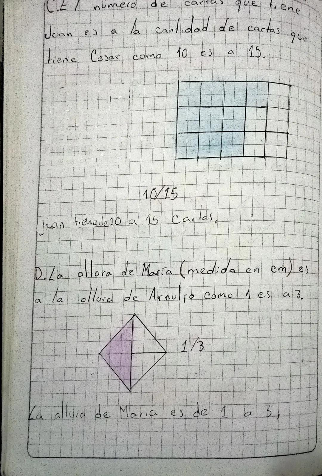 parte coloreada: $\frac{5}{16}$

1.h parte coloreada: $\frac{2}{5}$

parte no coloreada $\frac{3}{5}$

D.Escribe una situación que se repres