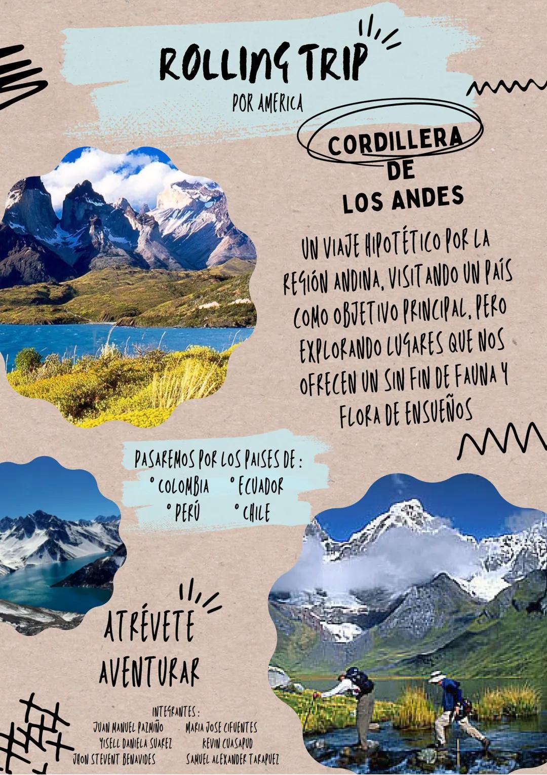 ROLLING TRIP
POR AMERICA

CORDILLERA
DE
LOS ANDES

UN VIAJE HIPOTÉTICO POR LA
REGIÓN ANDINA, VISITANDO UN PAIS
COMO OBJETIVO PRINCIPAL, PERO