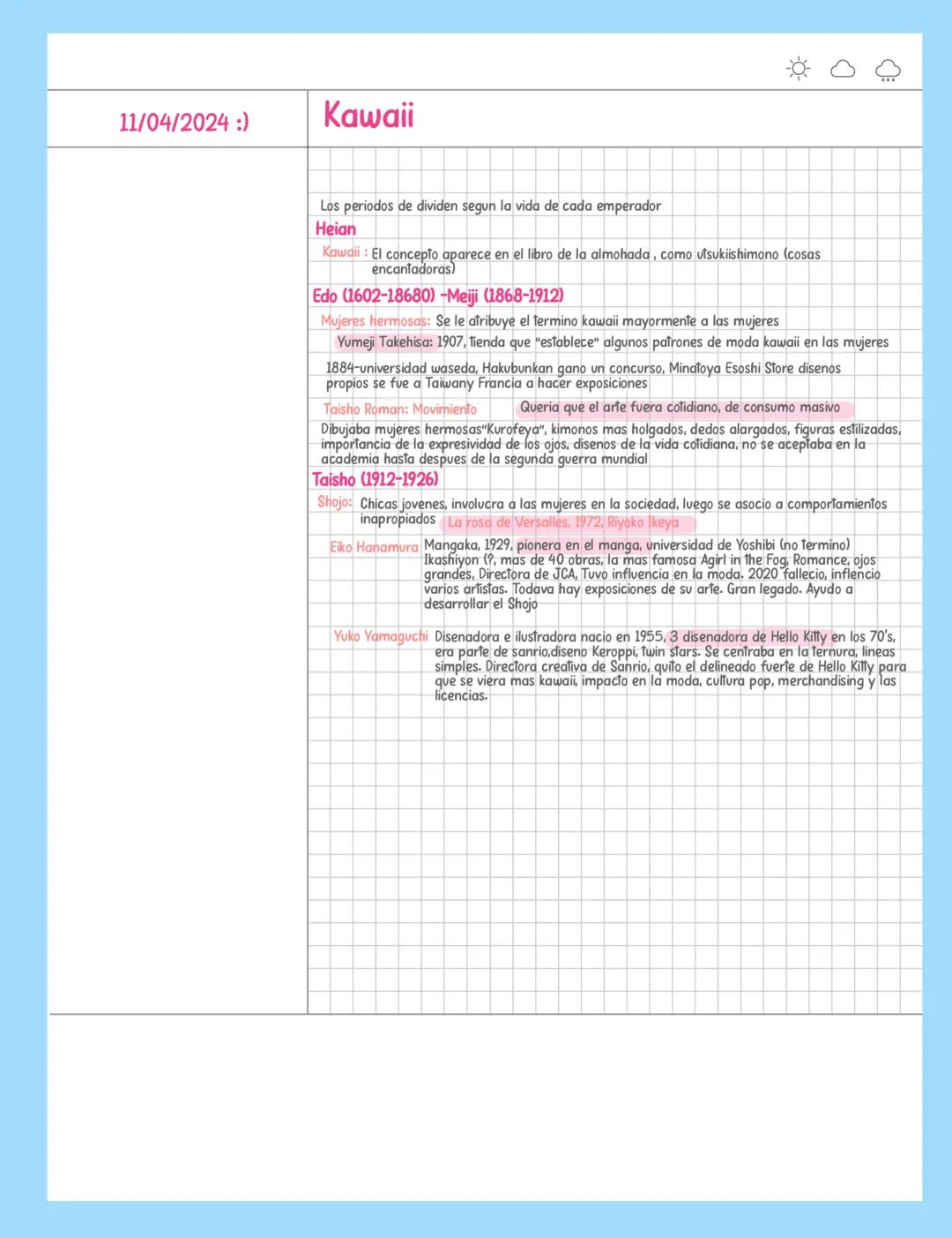 11/04/2024:)

Kawaii

Los periodos de dividen segun la vida de cada emperador

Heian

Kawaii: El concepto aparece en el libro de la almohada