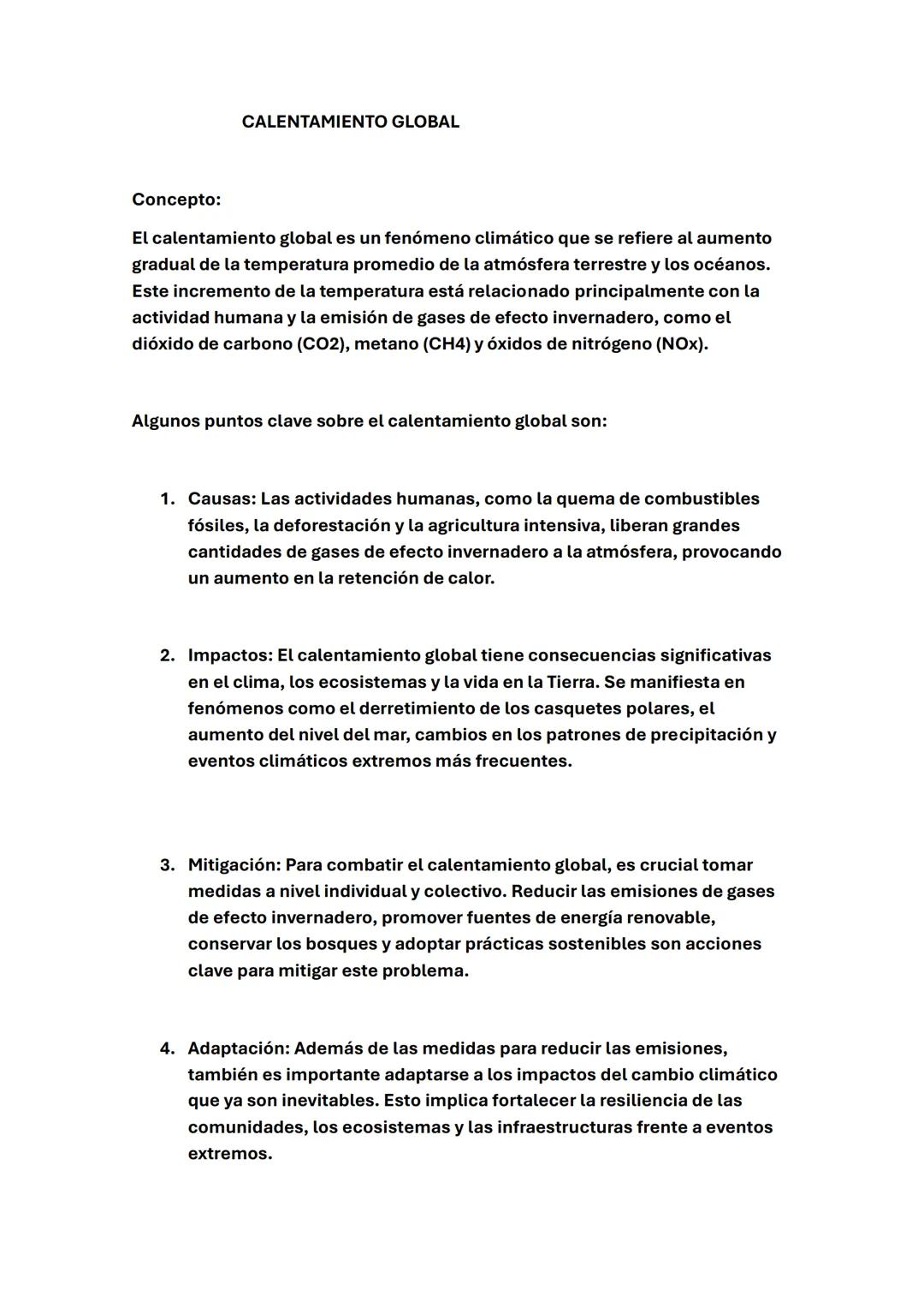 CALENTAMIENTO GLOBAL
Concepto:
El calentamiento global es un fenómeno climático que se refiere al aumento
gradual de la temperatura promedio