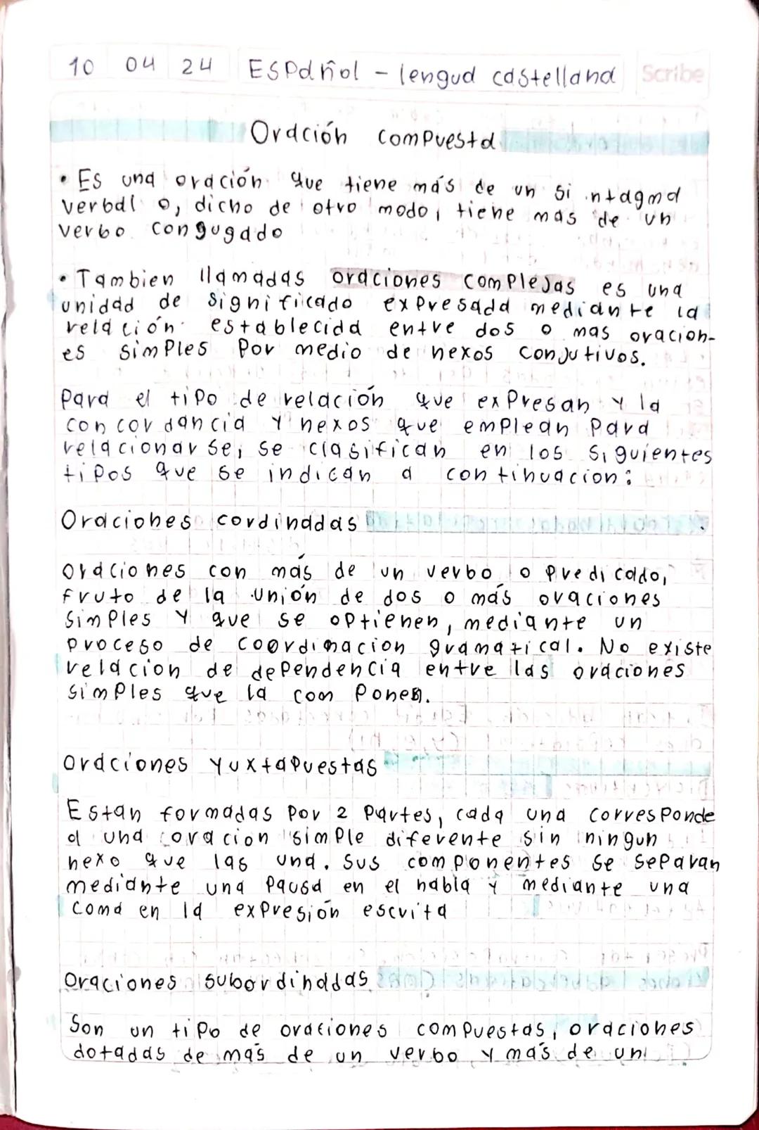 .
10
04 24
Español-lengud castelland Scribe
Oración Compuesto.
Es una oración que tiene más de un sintagmd
verbal o, dicho de otro modo, tie