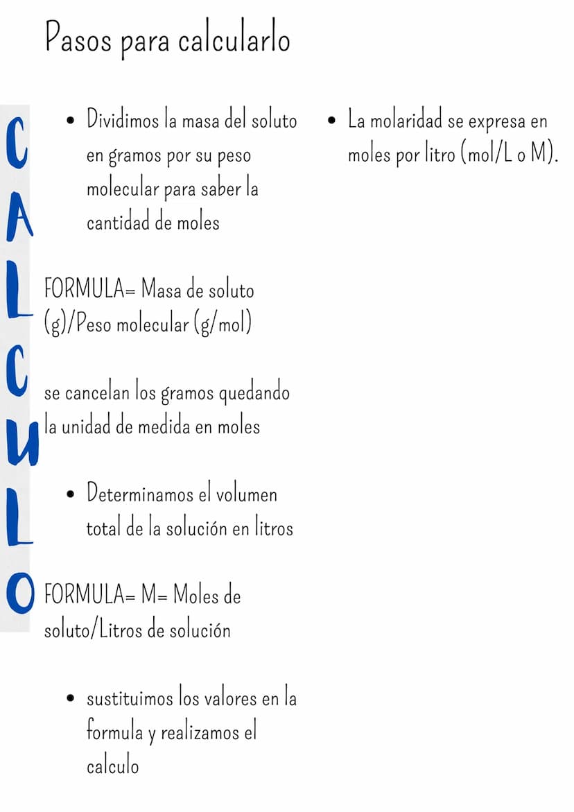 MOLARIDAD
Es de las formas
mas comunes
una
química, indica el número de moles de soluto presentes en un litro de solución.
de medir la conce