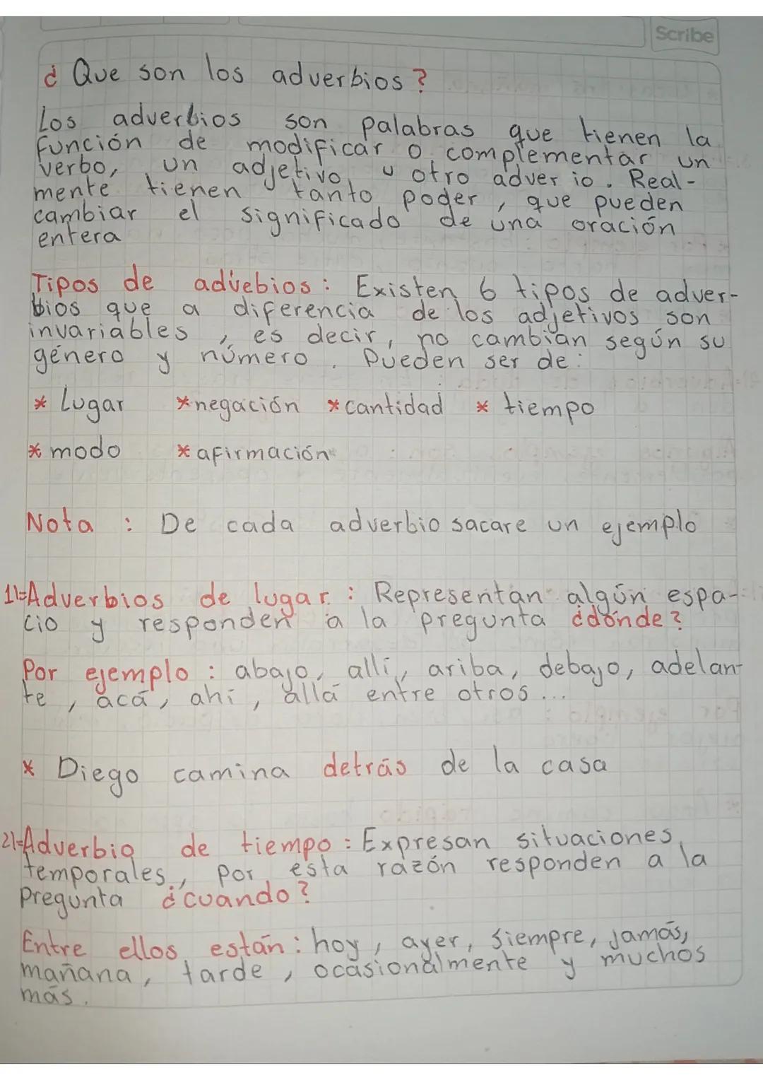 Scribe

¿Que son los adverbios?

Los adverbios son palabras que tienen la
Función de modificar o complementar un
verbo, un adjetivo u otro a