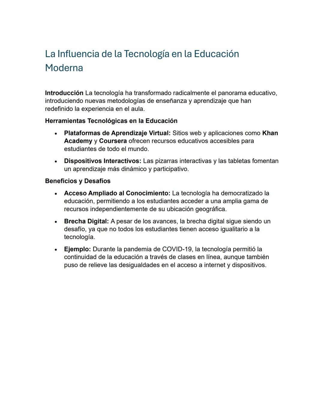 La Influencia de la Tecnología en la Educación
Moderna
Introducción La tecnología ha transformado radicalmente el panorama educativo,
introd
