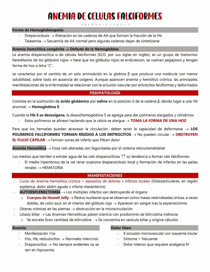 ANEMIA DE CELULAS FALCIFORMES
Forma de Hemoglobinopatía
DRE PANICITOSIS
Drepanocitosis Alteración en las cadenas de AA que forman la fracció