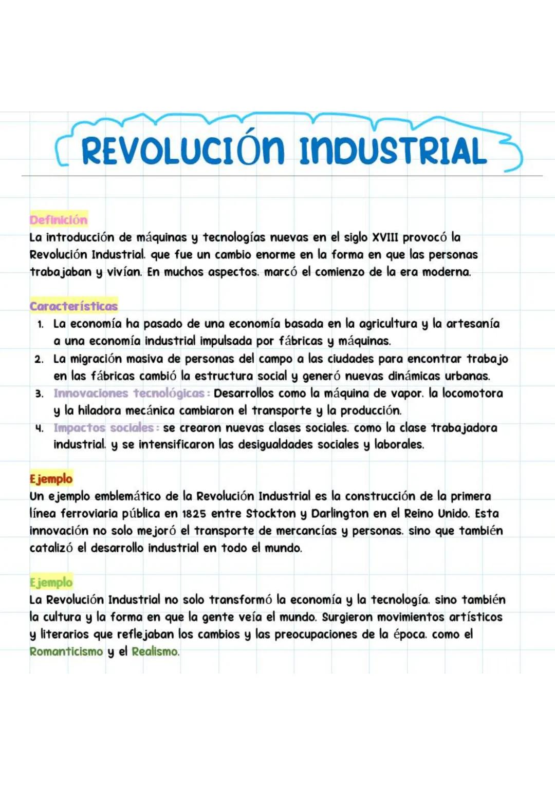REVOLUCIÓN INDUSTRIAL
Definición
La introducción de máquinas y tecnologías nuevas en el siglo XVIII provocó la
Revolución Industrial. que fu