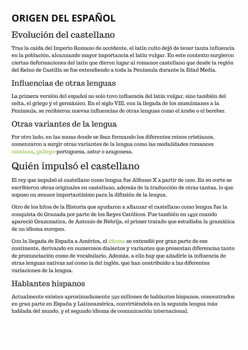 ORIGEN DEL ESPAÑOL
Evolución del castellano
Tras la caída del Imperio Romano de occidente, el latín culto dejó de tener tanta influencia
en 