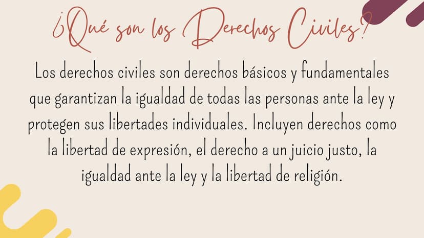 Derechos Civiles ¿Qué son los Derechos Civiles?
Los derechos civiles son derechos básicos y fundamentales
que garantizan la igualdad de toda