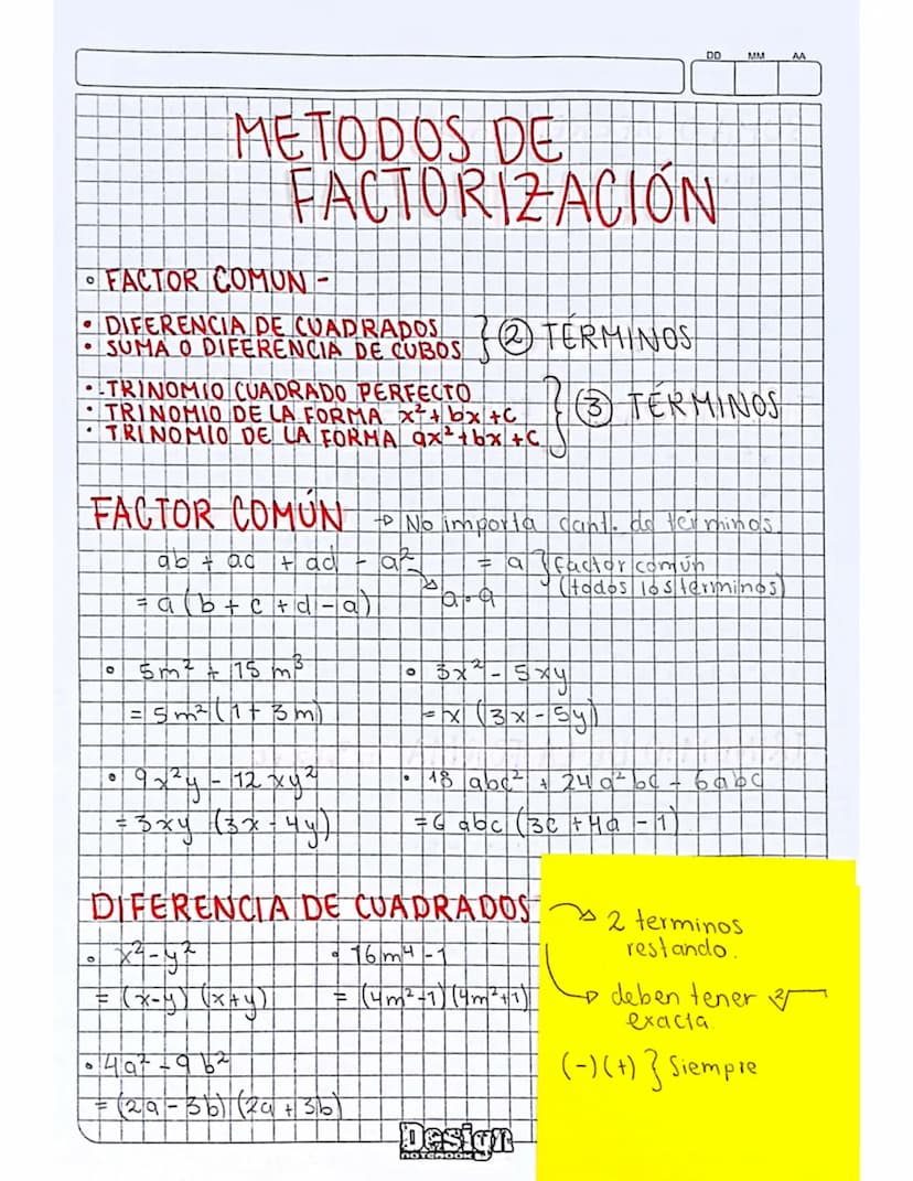 DD
MM
AA
.
METODOS DE
FACTORIZACIÓN
• FACTOR COMUN -
DIFERENCIA DE CUADRADOS
•SUMA O DIFERENCIA DE CUBOS } ②TERMINOS
TRINOMIO CUADRADO PERFE