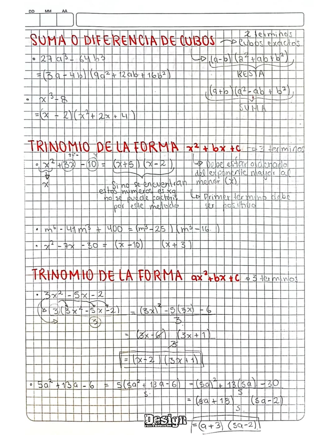 DD
MM
AA
.
METODOS DE
FACTORIZACIÓN
• FACTOR COMUN -
DIFERENCIA DE CUADRADOS
•SUMA O DIFERENCIA DE CUBOS } ②TERMINOS
TRINOMIO CUADRADO PERFE