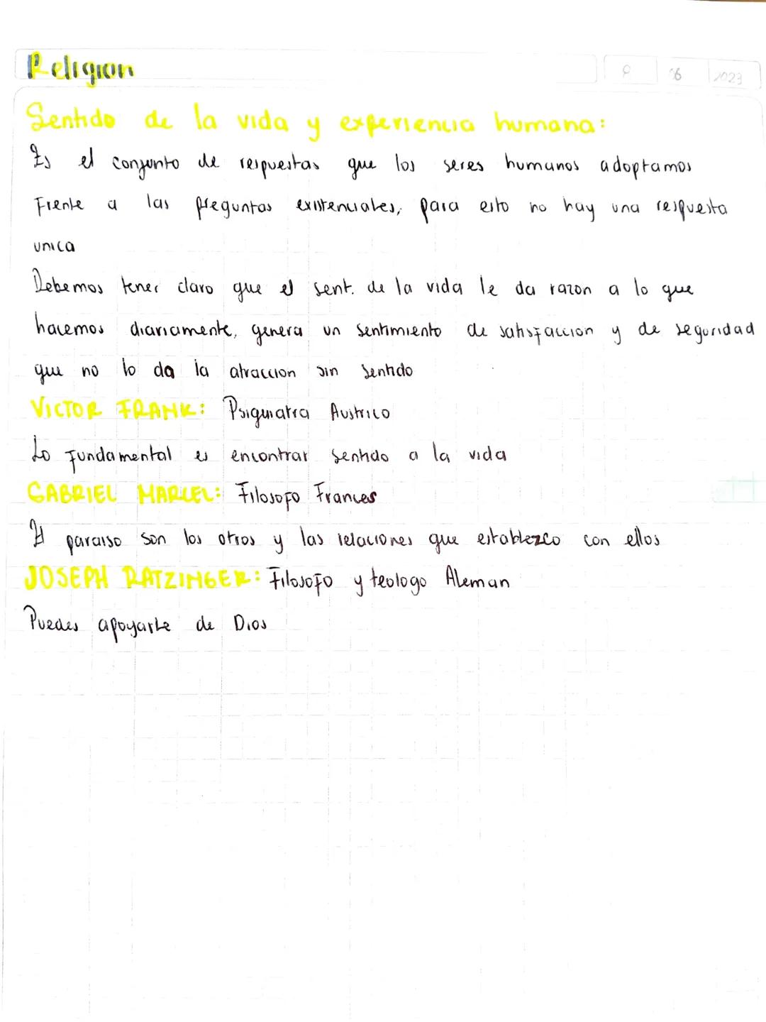 Peligion
C
6
023
Sentido de la vida y experiencia humana:
Is el conjunto de respuestas que los seres humanos adoptamos
Frente a las pregunta