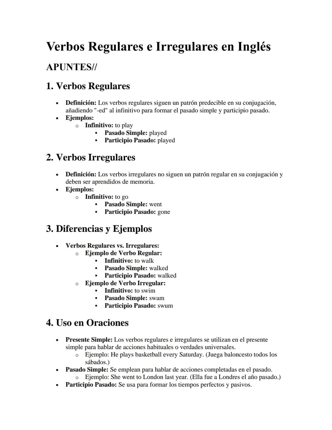Verbos Regulares e Irregulares en Inglés
APUNTES//
1. Verbos Regulares
•
Definición: Los verbos regulares siguen un patrón predecible en su 