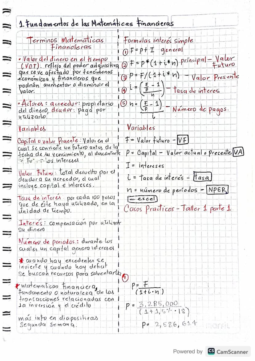 1. Fundamentos de las Matemáticas Financieras
Terminos Matematicas!
Financieras
Valor del dinero en el tiempo
Formulas interes simple
• ①F =