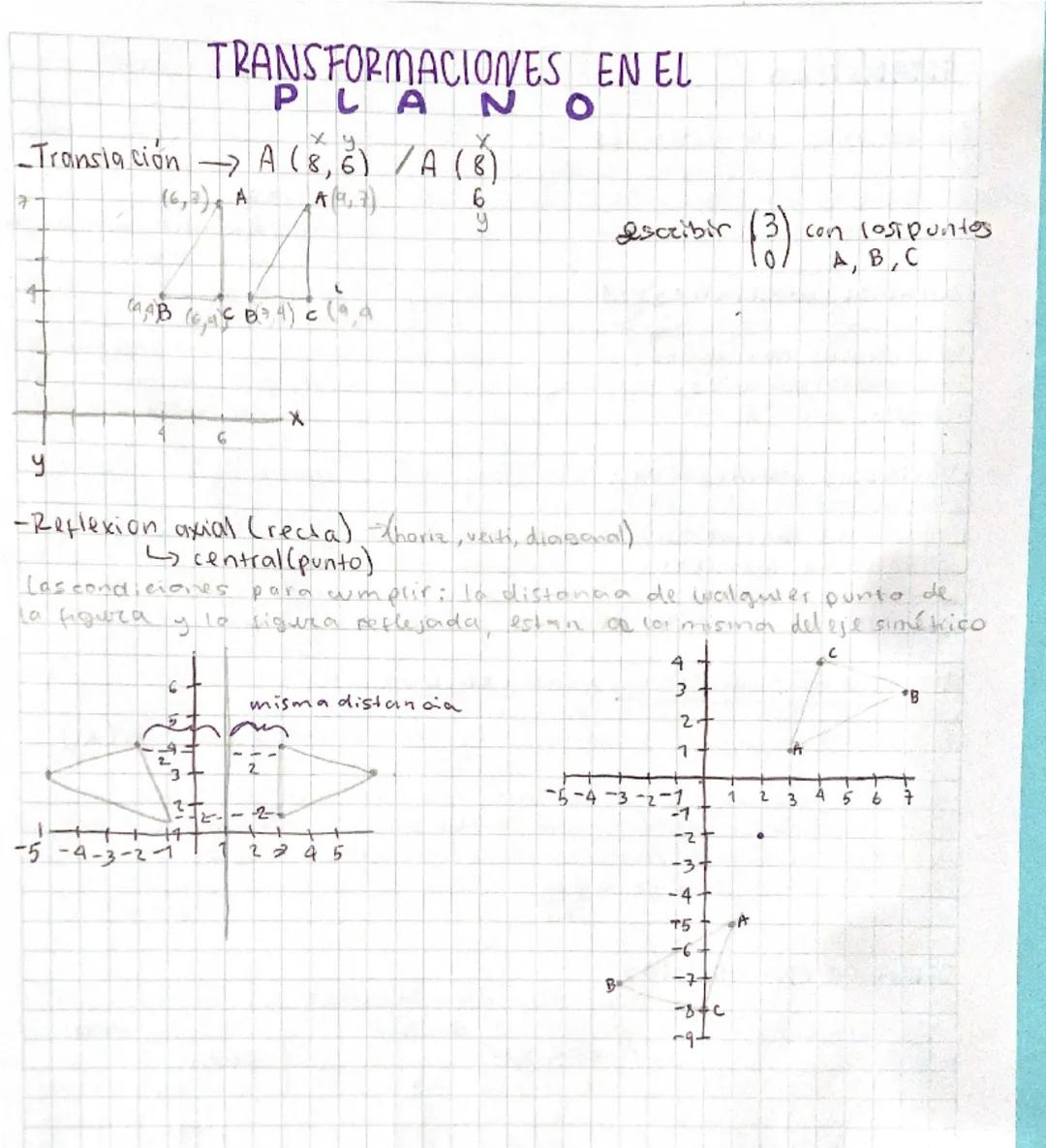 # TRANSFORMACIONES EN EL
# PLANO

X
-Transiación $\rightarrow$ A (8,6)/A (8)
7
(6,3) A
6
escribir $\binom{3}{0}$ con los puntos
A, B, C
+
y
