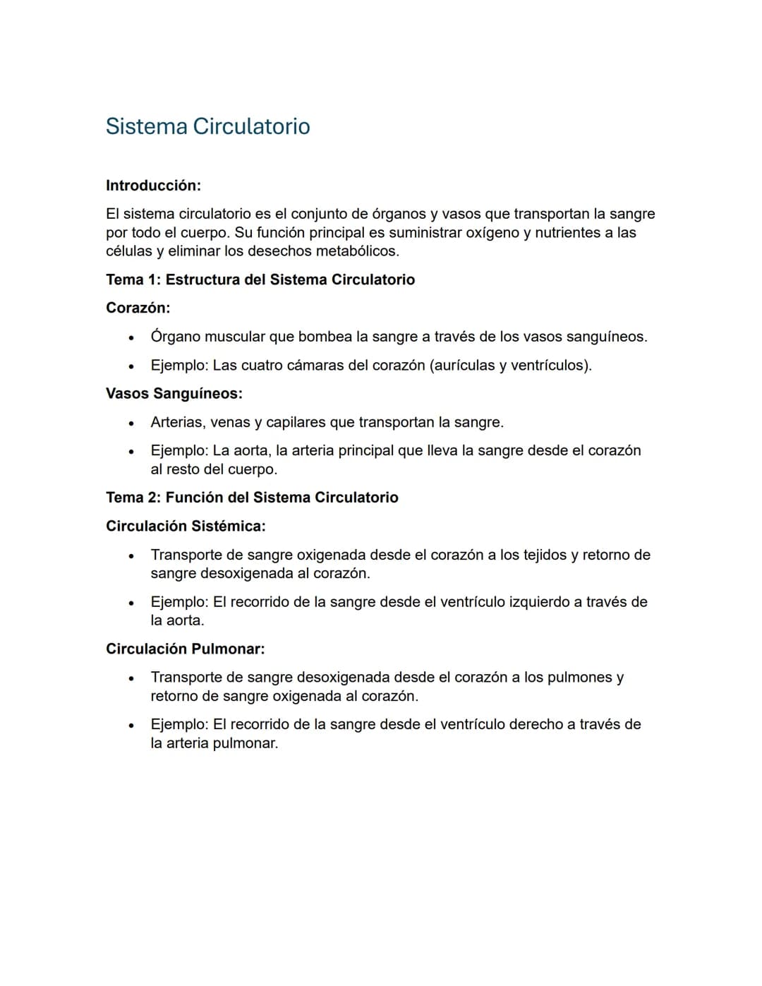 Sistema Circulatorio
Introducción:
El sistema circulatorio es el conjunto de órganos y vasos que transportan la sangre
por todo el cuerpo. S