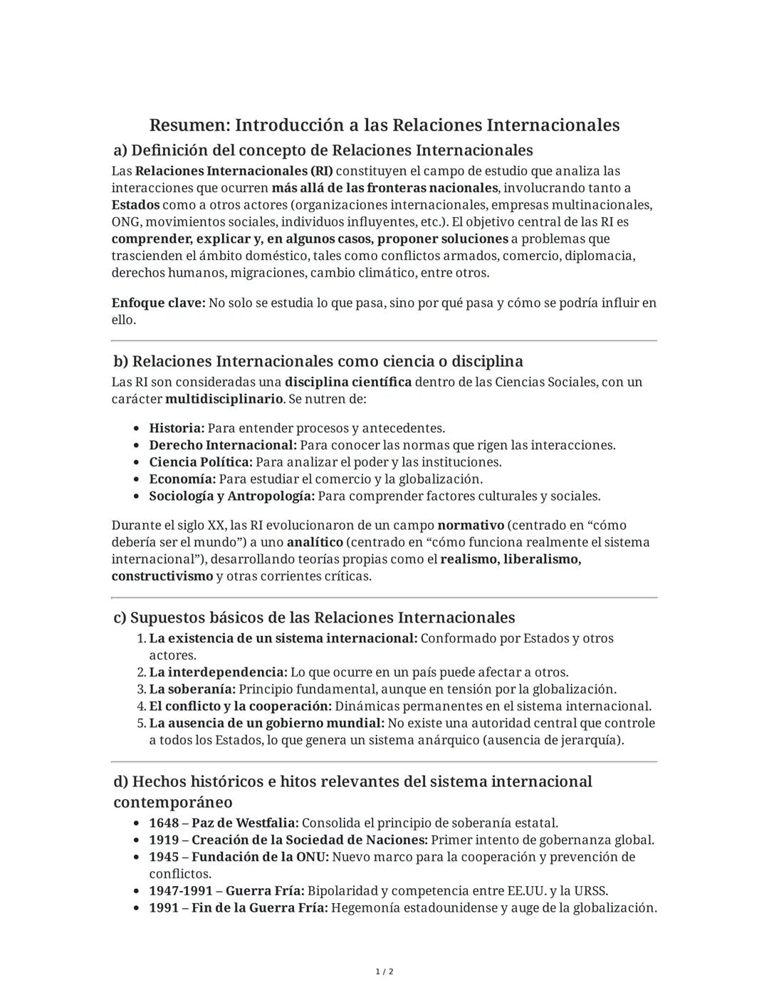 Resumen: Introducción a las Relaciones Internacionales
a) Definición del concepto de Relaciones Internacionales
Las Relaciones Internacional