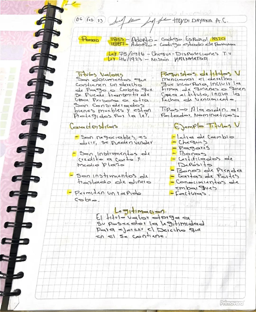 --- OCR Start ---
DC Feb 13
HEYDI DAYANA A.C.
Primera
1853-Adopto-codigo Español 1829
1887-Adopto. Codigo stado de Panama
Lay 75/1916-Chesqu