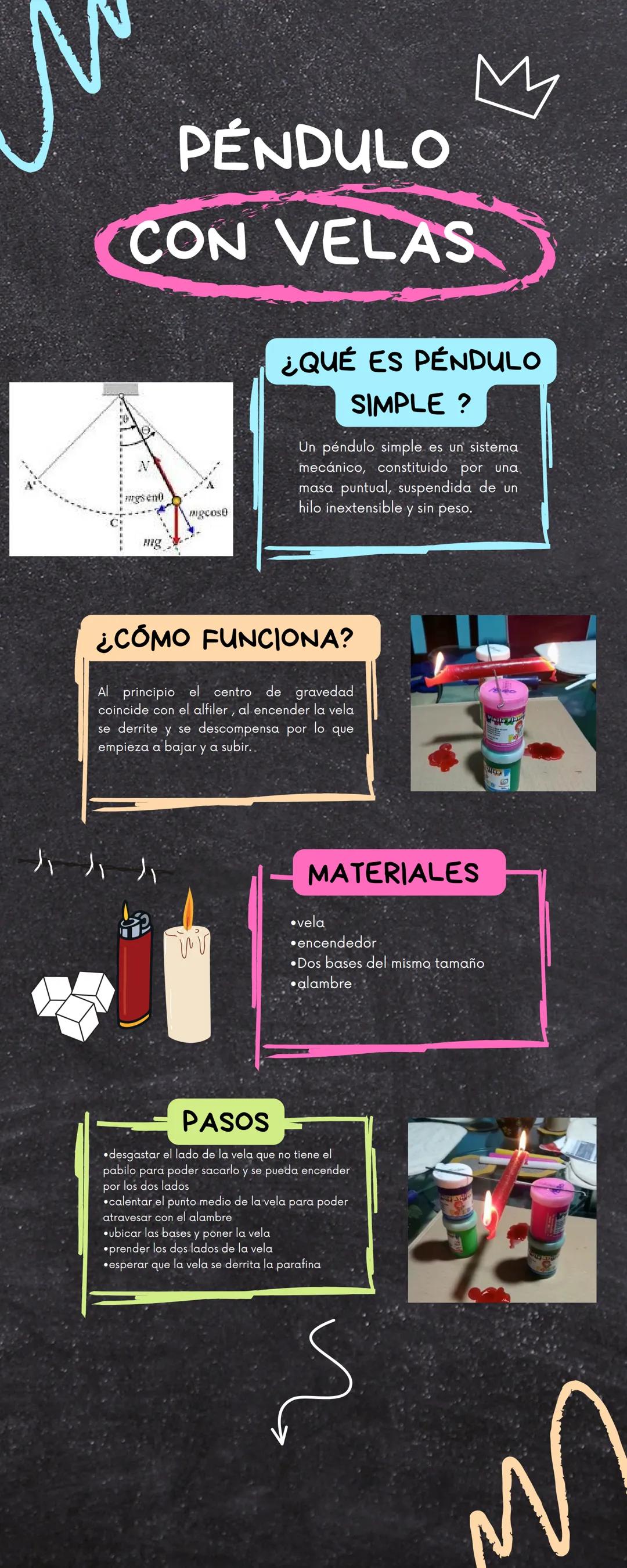 # PÉNDULO

## CON VELAS

¿QUÉ ES PÉNDULO

SIMPLE?

Un péndulo simple es un sistema
mecánico, constituido por una
masa puntual, suspendida de