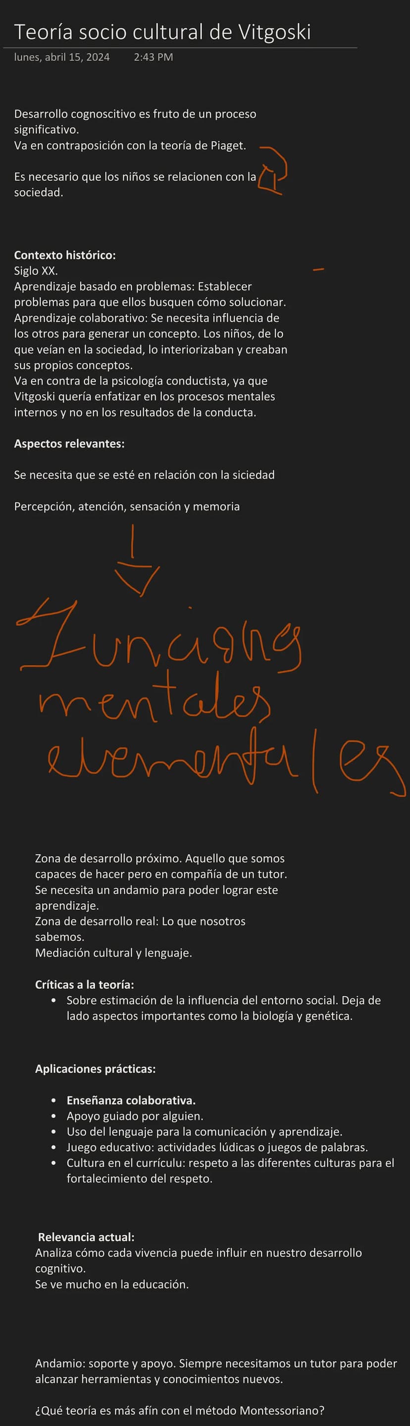 Teoría socio cultural de Vitgoski
lunes, abril 15, 2024
2:43 PM
Desarrollo cognoscitivo es fruto de un proceso
significativo.
Va en contrapo